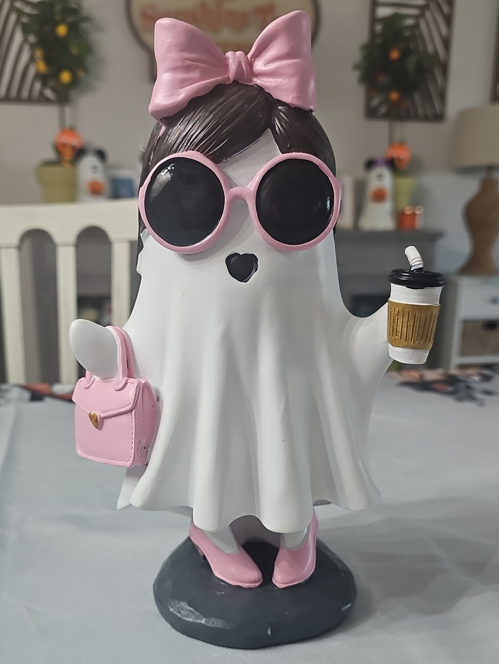 New! Cute Pink Bow, Glasses, Purse, Shoes Ghost with Coffee